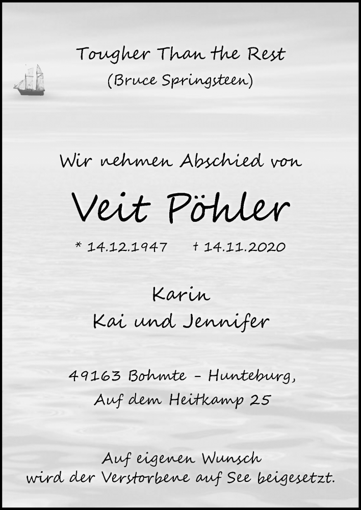  Traueranzeige für Veit Pöhler vom 17.11.2020 aus Neue Osnabrücker Zeitung GmbH & Co. KG