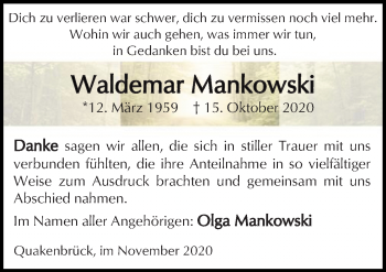 Traueranzeige von Waldemar Mankowski von Neue Osnabrücker Zeitung GmbH & Co. KG