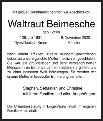 Traueranzeige von Waltraut Beimesche von Neue Osnabrücker Zeitung GmbH & Co. KG