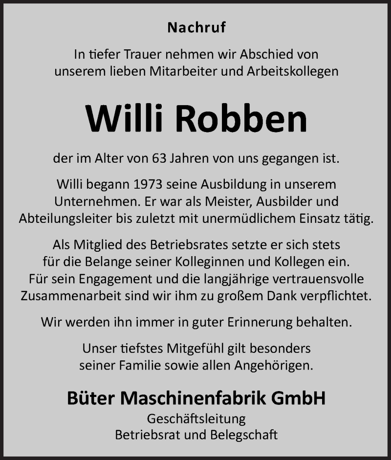  Traueranzeige für Willi Robben vom 17.11.2020 aus Neue Osnabrücker Zeitung GmbH & Co. KG