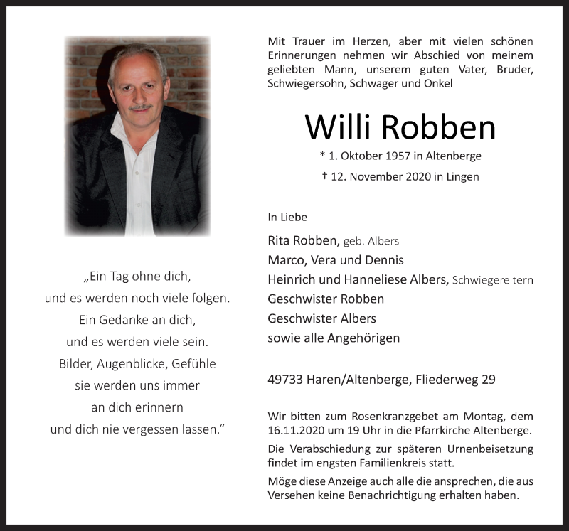  Traueranzeige für Willi Robben vom 16.11.2020 aus Neue Osnabrücker Zeitung GmbH & Co. KG