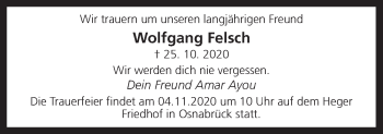 Traueranzeige von Wolfgang Felsch von Neue Osnabrücker Zeitung GmbH & Co. KG
