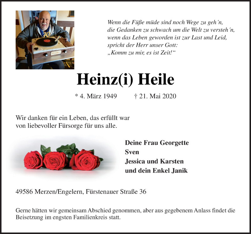  Traueranzeige für Heinz Heile vom 25.05.2020 aus Neue Osnabrücker Zeitung GmbH & Co. KG