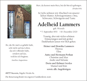 Traueranzeige von Adelheid Lammers von Neue Osnabrücker Zeitung GmbH & Co. KG