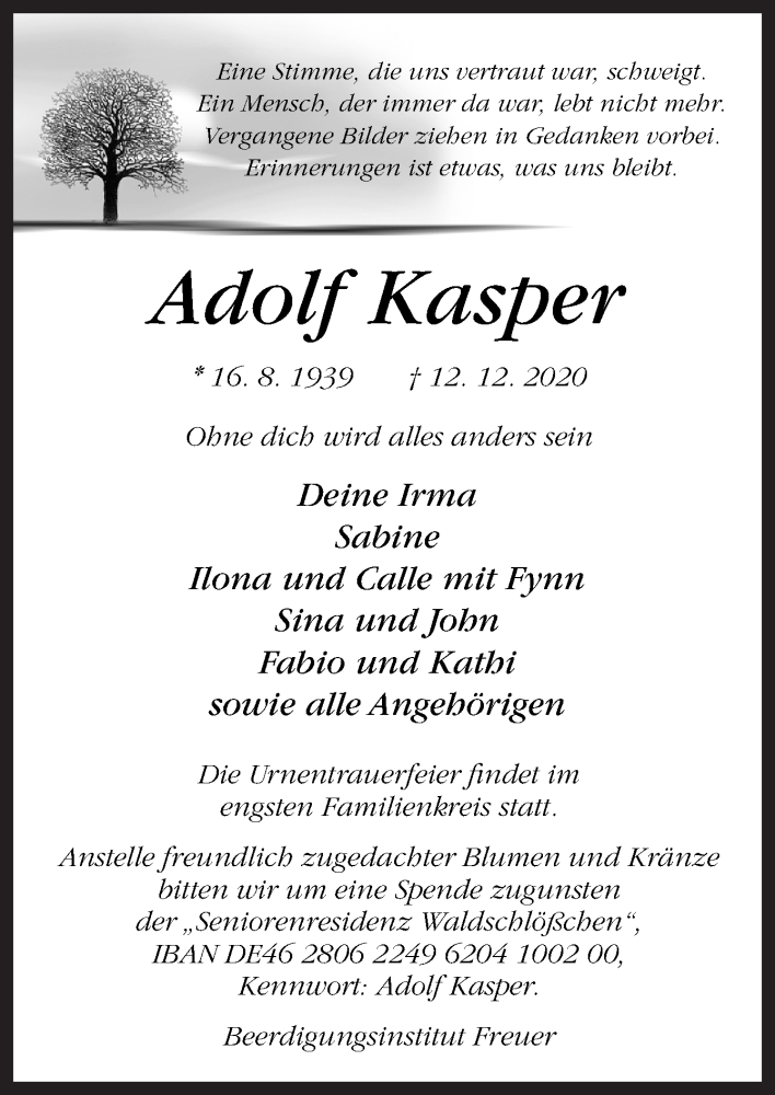  Traueranzeige für Adolf Kasper vom 19.12.2020 aus Neue Osnabrücker Zeitung GmbH & Co. KG
