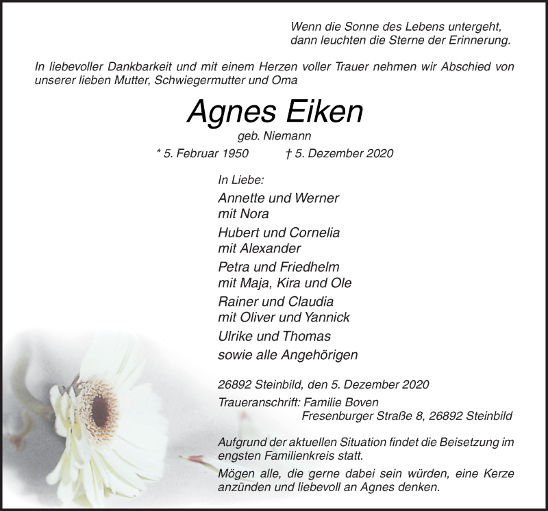  Traueranzeige für Agnes Eiken vom 07.12.2020 aus Neue Osnabrücker Zeitung GmbH & Co. KG