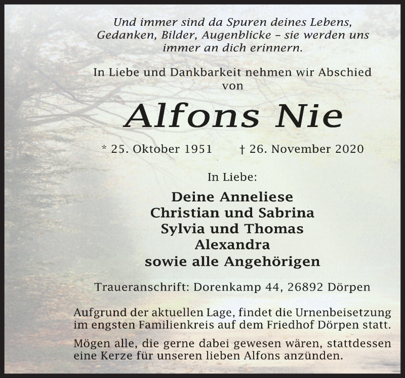  Traueranzeige für Alfons Nie vom 02.12.2020 aus Neue Osnabrücker Zeitung GmbH & Co. KG