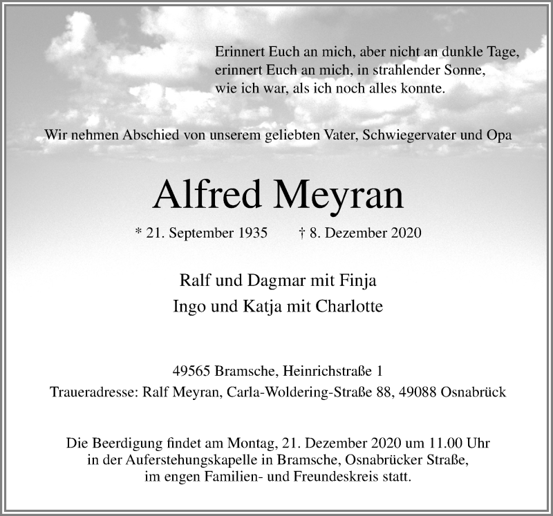  Traueranzeige für Alfred Meyran vom 19.12.2020 aus Neue Osnabrücker Zeitung GmbH & Co. KG