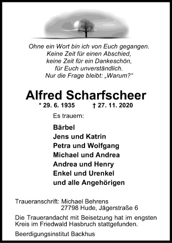 Traueranzeige von Alfred Scharfscheer von Neue Osnabrücker Zeitung GmbH & Co. KG