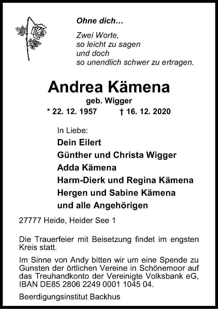  Traueranzeige für Andrea Kämena vom 22.12.2020 aus Neue Osnabrücker Zeitung GmbH & Co. KG