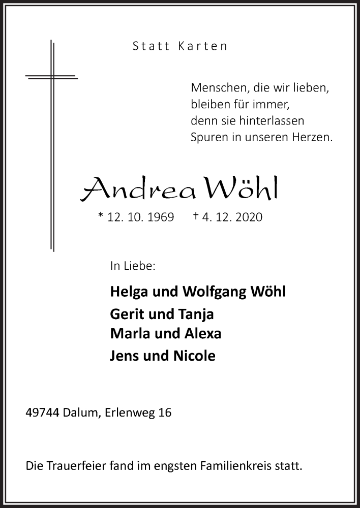  Traueranzeige für Andrea Wöhl vom 09.12.2020 aus Neue Osnabrücker Zeitung GmbH & Co. KG