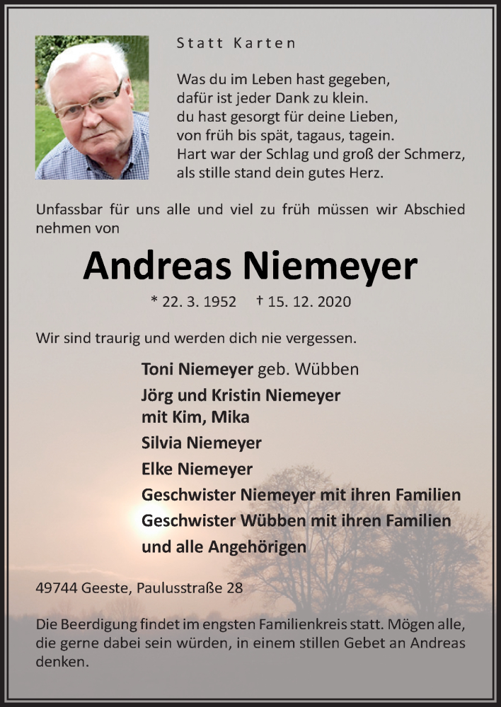  Traueranzeige für Andreas Niemeyer vom 18.12.2020 aus Neue Osnabrücker Zeitung GmbH & Co. KG