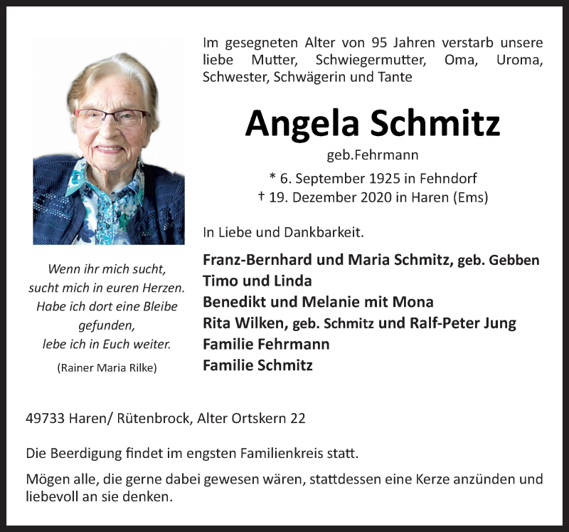 Traueranzeige für Angela Schmitz vom 22.12.2020 aus Neue Osnabrücker Zeitung GmbH & Co. KG