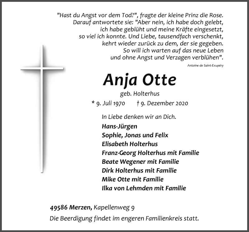  Traueranzeige für Anja Otte vom 14.12.2020 aus Neue Osnabrücker Zeitung GmbH & Co. KG