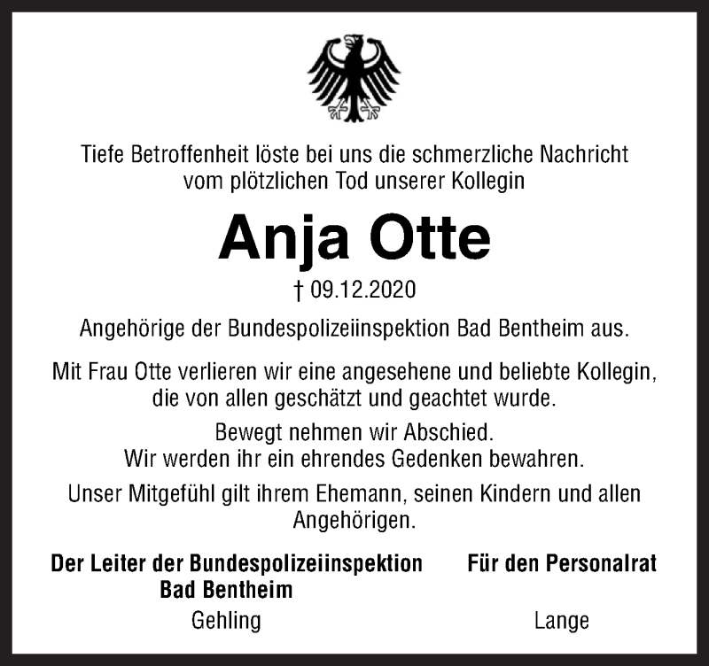  Traueranzeige für Anja Otte vom 14.12.2020 aus Neue Osnabrücker Zeitung GmbH & Co. KG