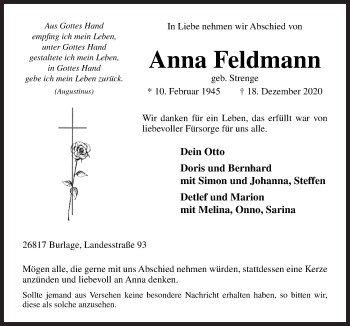 Traueranzeige von Anna Feldmann von Neue Osnabrücker Zeitung GmbH & Co. KG