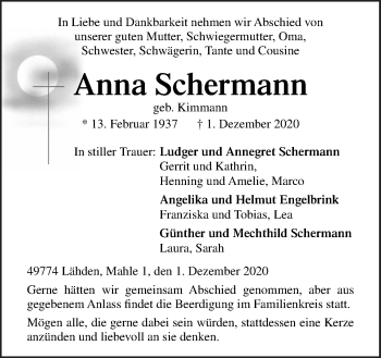 Traueranzeige von Anna Schermann von Neue Osnabrücker Zeitung GmbH & Co. KG