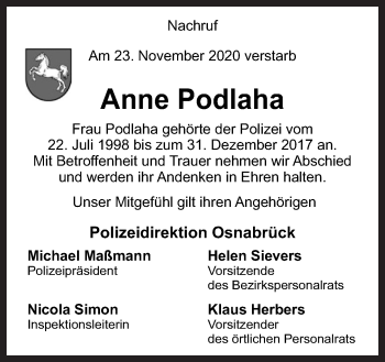 Traueranzeige von Anne Podlaha von Neue Osnabrücker Zeitung GmbH & Co. KG