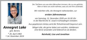 Traueranzeige von Annegret Lake von Neue Osnabrücker Zeitung GmbH & Co. KG