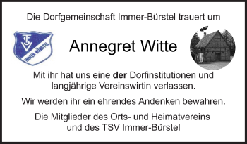 Traueranzeige von Annegret Witte von Neue Osnabrücker Zeitung GmbH & Co. KG