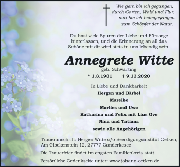 Traueranzeige von Annegrete Witte von Neue Osnabrücker Zeitung GmbH & Co. KG
