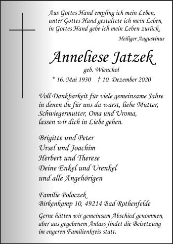 Traueranzeige von Anneliese Jatzek von Neue Osnabrücker Zeitung GmbH & Co. KG