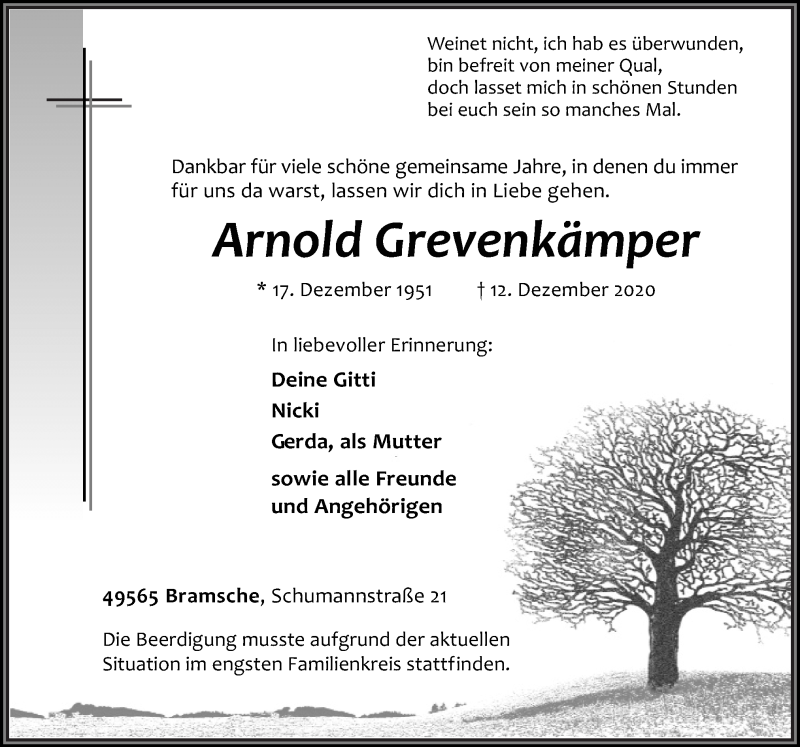  Traueranzeige für Arnold Grevenkämper vom 22.12.2020 aus Neue Osnabrücker Zeitung GmbH & Co. KG