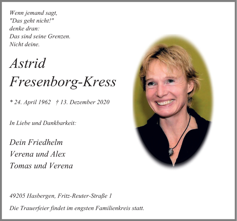  Traueranzeige für Astrid Fresenborg-Kress vom 19.12.2020 aus Neue Osnabrücker Zeitung GmbH & Co. KG