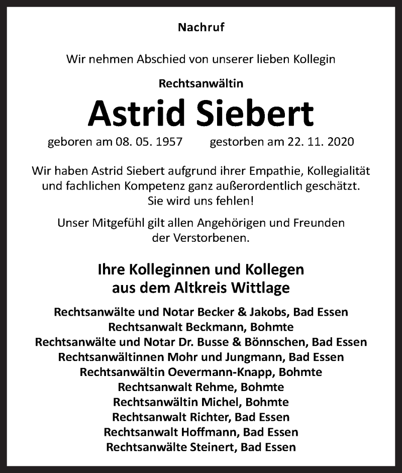  Traueranzeige für Astrid Siebert vom 04.12.2020 aus Neue Osnabrücker Zeitung GmbH & Co. KG