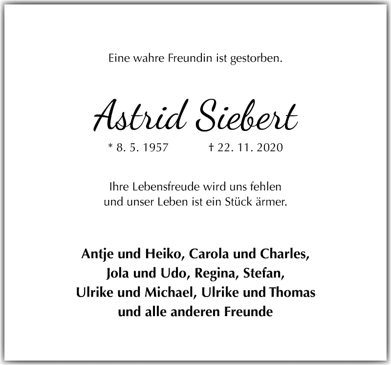  Traueranzeige für Astrid Siebert vom 02.12.2020 aus Neue Osnabrücker Zeitung GmbH & Co. KG