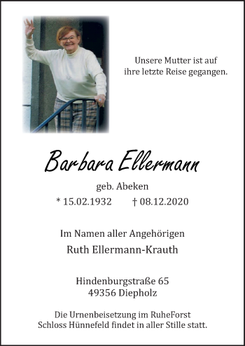 Traueranzeige von Barbara Ellermann von Neue Osnabrücker Zeitung GmbH & Co. KG