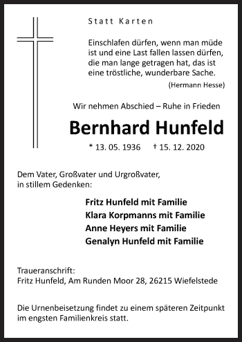 Traueranzeige von Bernhard Hunfeld von Neue Osnabrücker Zeitung GmbH & Co. KG