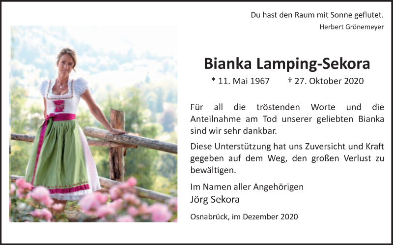  Traueranzeige für Bianka Lamping-Sekora vom 19.12.2020 aus Neue Osnabrücker Zeitung GmbH & Co. KG