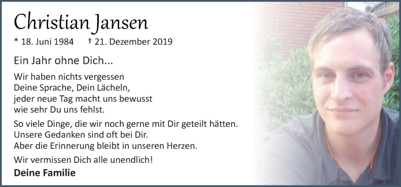  Traueranzeige für Christian jansen vom 21.12.2020 aus Neue Osnabrücker Zeitung GmbH & Co. KG