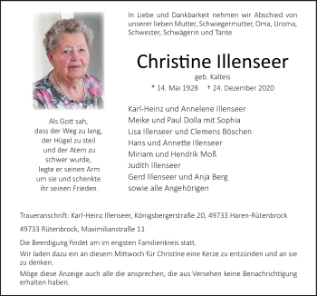 Traueranzeige von Christine Illenseer von Neue Osnabrücker Zeitung GmbH & Co. KG