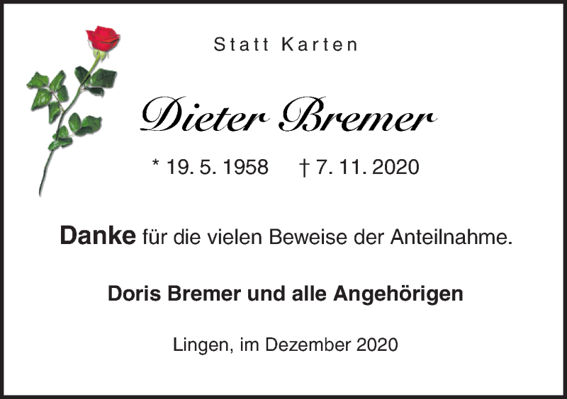  Traueranzeige für Dieter Bremer vom 30.12.2020 aus Neue Osnabrücker Zeitung GmbH & Co. KG