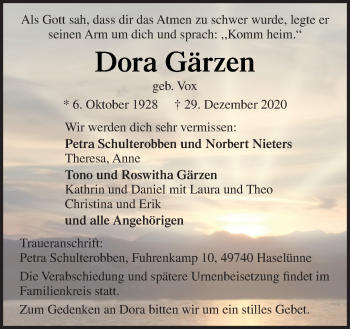 Traueranzeige von Dora Gärzen von Neue Osnabrücker Zeitung GmbH & Co. KG