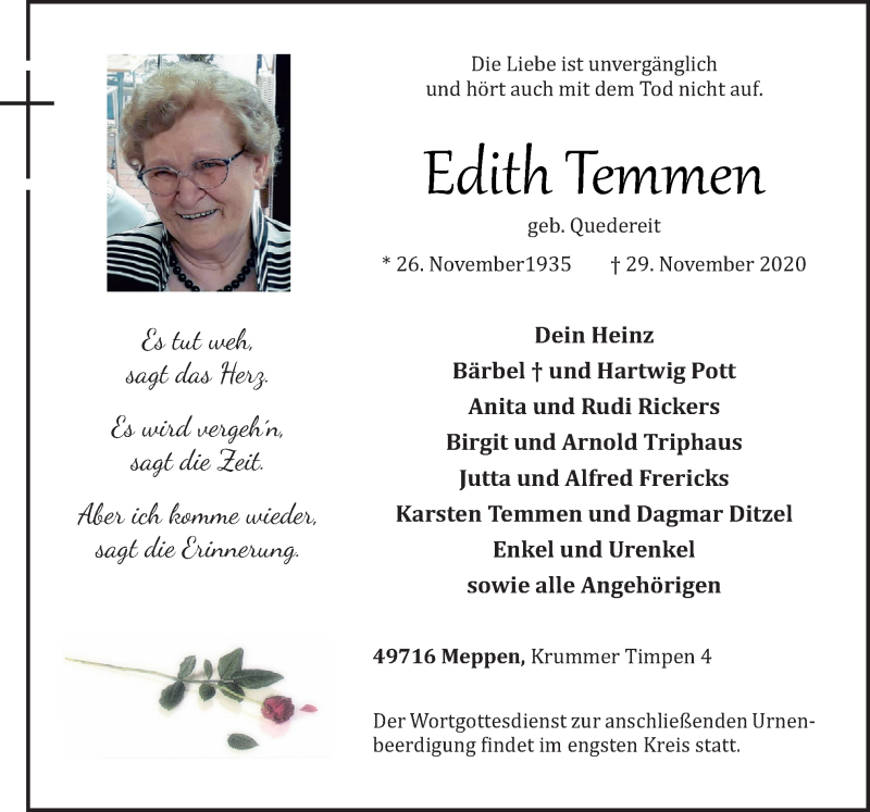  Traueranzeige für Edith Temmen vom 05.12.2020 aus Neue Osnabrücker Zeitung GmbH & Co. KG