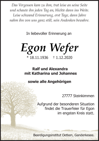 Traueranzeige von Egon Wefer von Neue Osnabrücker Zeitung GmbH & Co. KG