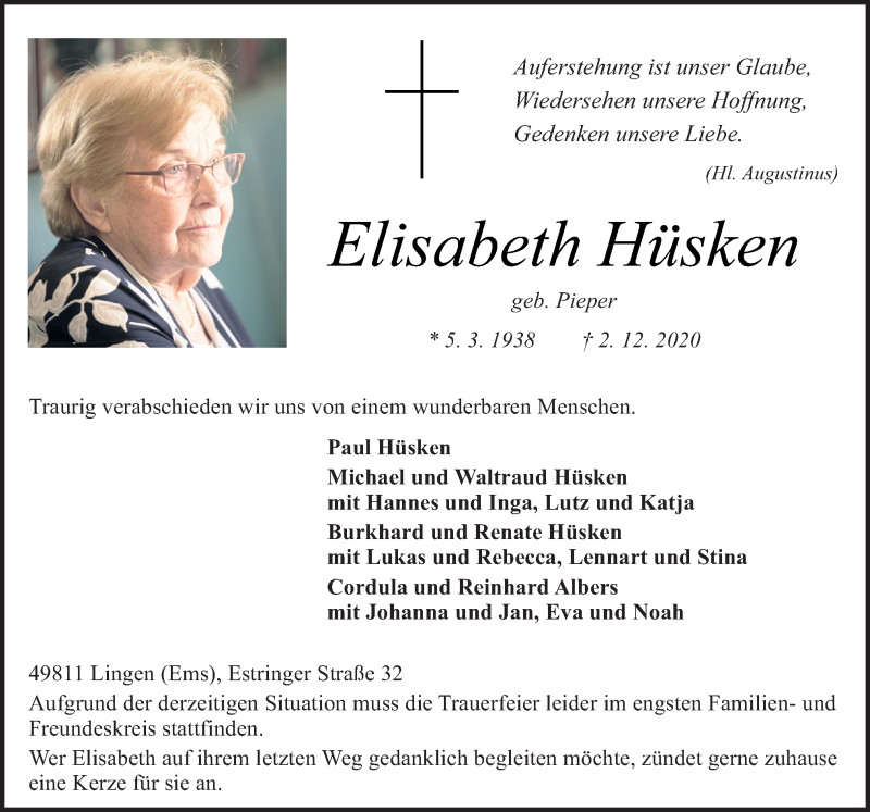  Traueranzeige für Elisabeth Hüsken vom 05.12.2020 aus Neue Osnabrücker Zeitung GmbH & Co. KG