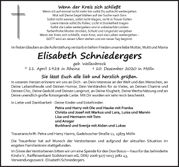 Traueranzeige von Elisabeth Schniedergers von Neue Osnabrücker Zeitung GmbH & Co. KG