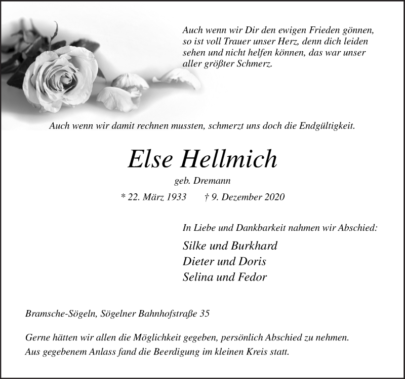  Traueranzeige für Else Hellmich vom 15.12.2020 aus Neue Osnabrücker Zeitung GmbH & Co. KG