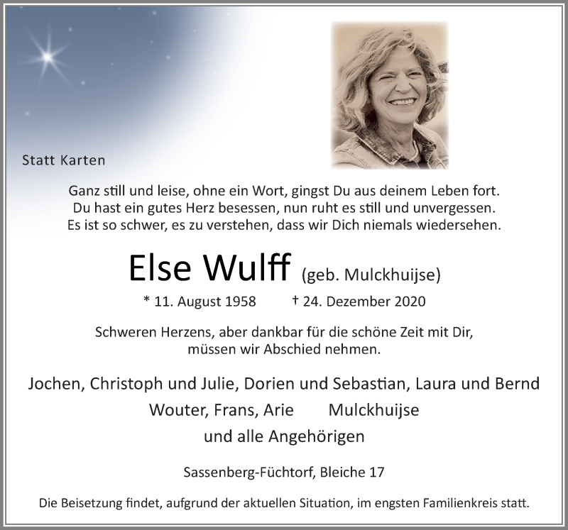  Traueranzeige für Else Wulff vom 29.12.2020 aus Neue Osnabrücker Zeitung GmbH & Co. KG