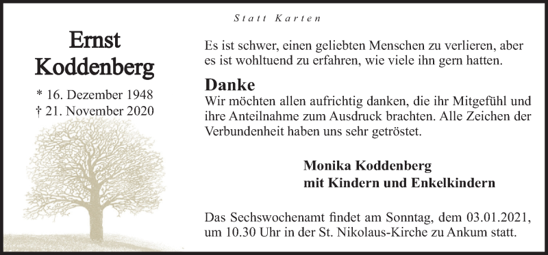  Traueranzeige für Ernst Koddenberg vom 29.12.2020 aus Neue Osnabrücker Zeitung GmbH & Co. KG