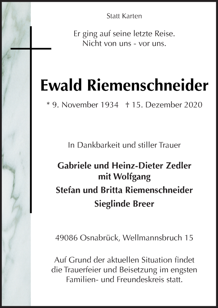  Traueranzeige für Ewald Riemenschneider vom 19.12.2020 aus Neue Osnabrücker Zeitung GmbH & Co. KG