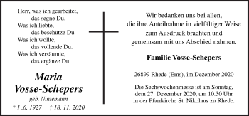 Traueranzeige von Familie Vosse-Schepers von Neue Osnabrücker Zeitung GmbH & Co. KG