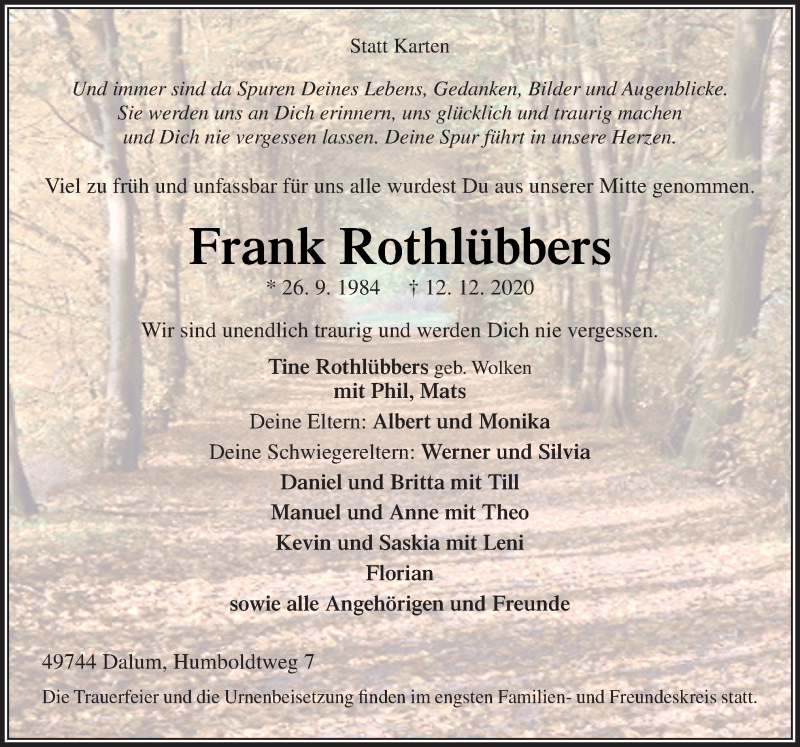  Traueranzeige für Frank Rothlübbers vom 15.12.2020 aus Neue Osnabrücker Zeitung GmbH & Co. KG