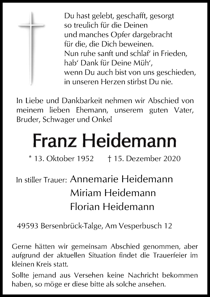  Traueranzeige für Franz Heidemann vom 19.12.2020 aus Neue Osnabrücker Zeitung GmbH & Co. KG