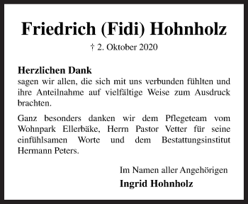 Traueranzeige von Friedrich Hohnholz von Neue Osnabrücker Zeitung GmbH & Co. KG