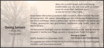 Traueranzeige von Georg Jansen von Neue Osnabrücker Zeitung GmbH & Co. KG